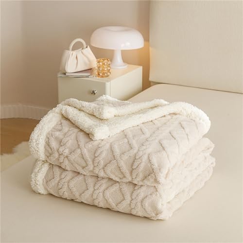 Chickwin Color Sólido Manta Sherpa,Jacquard Manta de Felpa Manta Polar Invierno Mantas de Microfibra Reversible para Sofa Cama, Mantas Cálidas Suave para Adulto Infantil (70x100cm,Blanco lechoso)