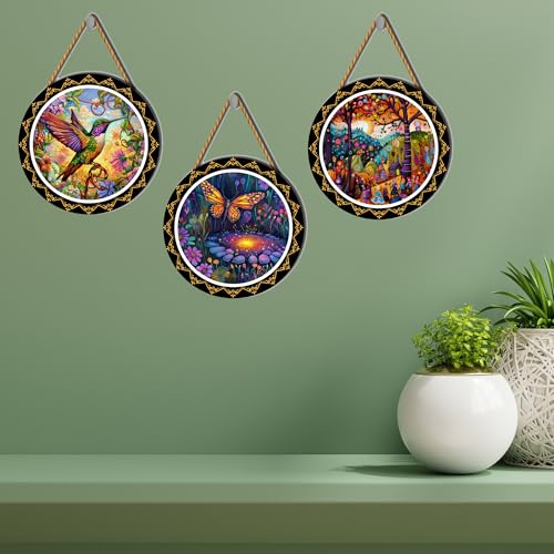 Image of GENXTRA Set of 3 Round Wooden Wall Hanging Decor | Vibrant Nature Art with Hummingbird, Butterfly & Fantasy Garden | Decorative Wall Art for Living Room, Bedroom & Office | Ideal Diwali & Housewarming Gift