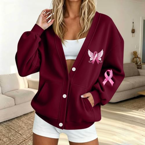 Breast Cancer Awareness Sweatshirt for Women Button Down Oversized Cardigan - image 2