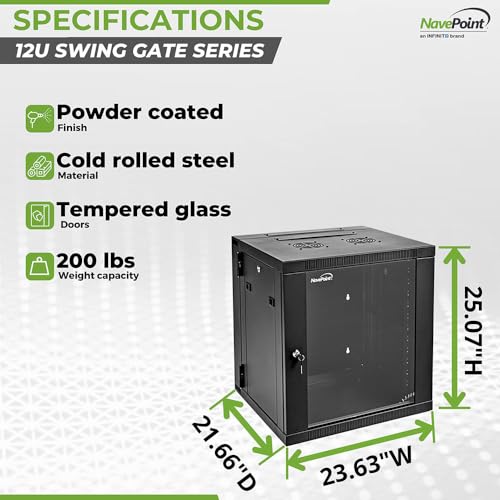 Image of NavePoint 12U Cabinet with Hinged Back - 21.6 inch Deep, Server Rack Enclosure with Locking Glass Door, Wall Mount Rack with Removable Side Panels, Network Cabinet with 2 Fans, Assembled