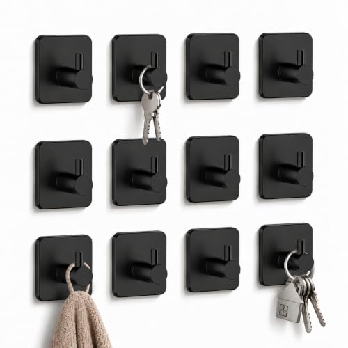 Ganchos para toallas, ganchos de pared adhesivos, sin agujeros, de acero inoxidable, Apto para baño, baño, cocina, oficina, Color Negro, Contiene 12 unidades