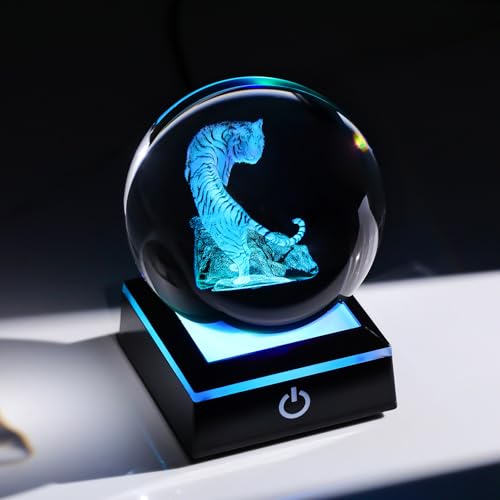 Image of Arikyrist 3D Tiger Crystal Ball Figurine with Colorful Light Base, Tiger Gifts for Women Men on Christmas Birthday, Laser Engraved Tiger Collectible Globe Glass Decorative Ball for Home Office (80mm)