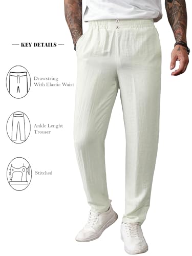 Image of TAGDO Men's Cotton Casual Premium Linen Blend Pants | Lightweight & Breathable Fabric | Elastic Waist with Button | Loose Fit | Perfect for Holidays & Travel (2055)