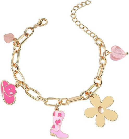 Cowboy Boot Hat Bracelet with Flower Western Jewelry for Women Cowgirl Charms Bracelet Gifts