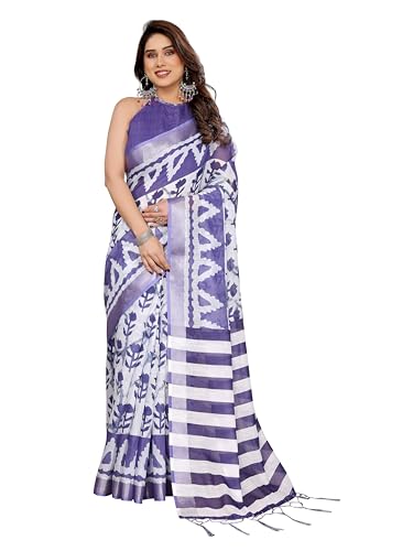 Image of Women's Zari Border Cotton Linen Printed Saree with Blouse
