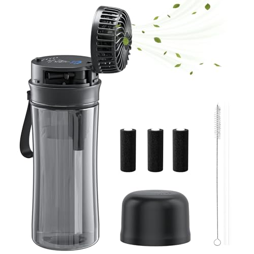 HandFan Bottle - 20 oz, 2 Lids (Straw Lids), Leak Proof - Fitness Water Bottles and Flasks with Cooling Handheld Fan for Men, Women and Children - Valentine's Day Gift for Men or Women - Black