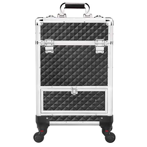 Yaheetech Rolling Makeup Train Case Aluminum Cosmetic Case Wheel Barber Case Salon Lockable Travel Trolley with Sliding Drawers Removable Divider Black