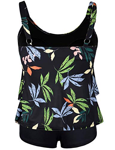 Septangle Black Two Piece Swimsuits For Women Tummy Control Tankini With Bottom Layered Flounce Swimwear,Black&Leaf,Us12 #TOP1