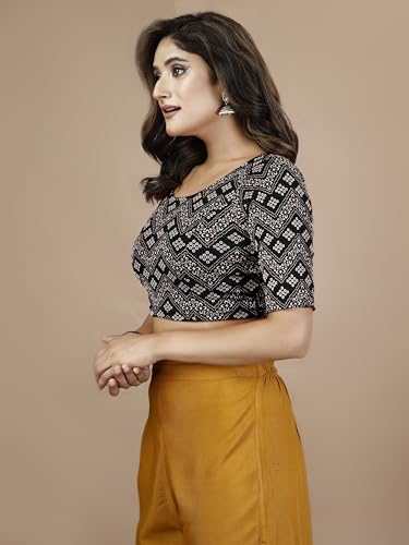 Oomph Stretchable Readymade Blouse For Women, Black, Round Neck-Rbbl557Xl