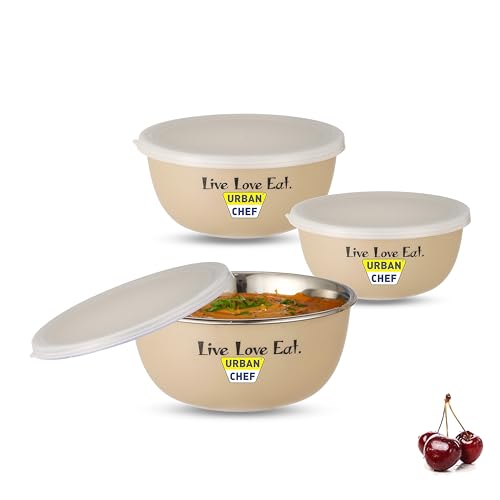 URBAN CHEF Mixing Bowl Set of 3 Stainless Steel (500ml, 800ml,1250ml) | Microwave Safe & Dishwasher Safe | Bowl Set with Lid for Gift | Bowls for Snacks | Serving Bowls Kitchen Accessories -Cream