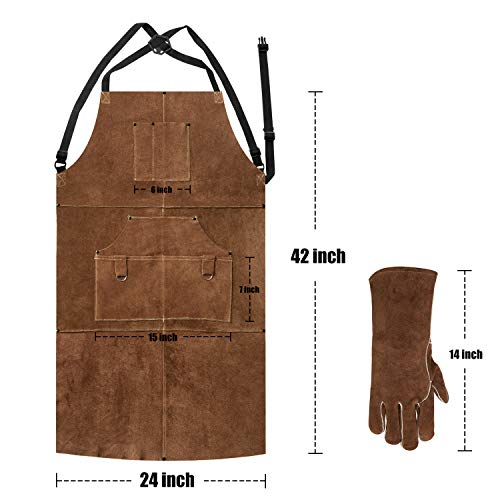 Eletecpro Woodworking Apron Heavy Duty Durable - Length 42 Inch 6 Pockets Leather Welding Apron & Welding Gloves Cowhide Fire/Heat Resistant Shop Apron Men/Women (Brown) #TOP3