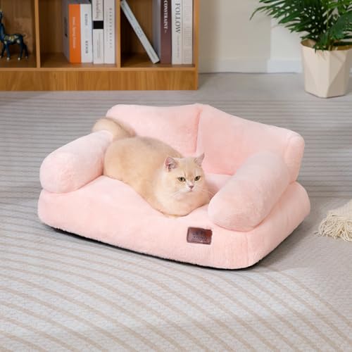 Hollypet Katzenbett Kleines Hundebett, Flauschiges Plüsch Katzensofa für Katzen und Welpen, Weiches Schlafsofa für Haustiere Atmungsaktives Haustierbett, Rosa