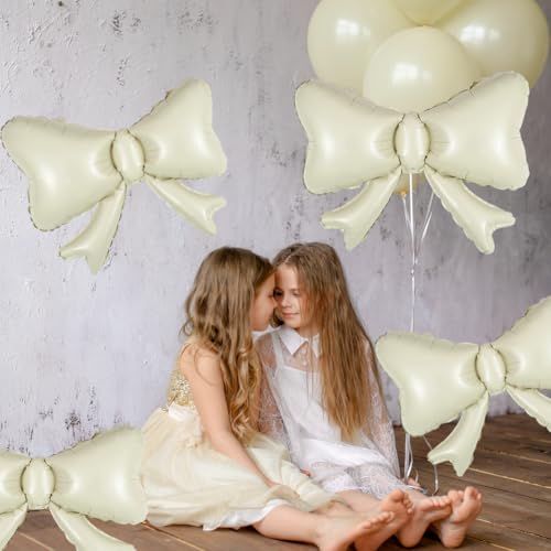 Image of 6 Pieces Bow Balloons, Cream White Matte Metallic Foil Bowtie Balloon for Women Men Girls Boys Beige Bow Happy Birthday Party, Boho Groovy Party, Baby Shower, Balloon Garland Accessories