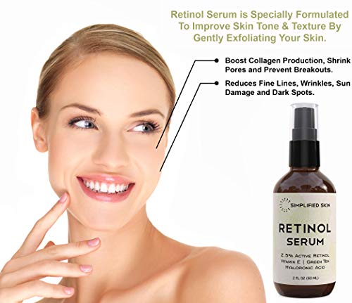 Retinol-Serum-25-for-Face-Eyes-2-oz-with-Vitamin-A-E-Hyaluronic-Acid-Green-Tea-for-Anti-Aging-Fine-Lines-Wrinkles-Best-Brightening-Facial-Serum-for-Day-Night-use-by-Simplified-Skin Retinol Serum for Face & Eyes with Vitamin E, A, Hyaluronic Acid & Green Tea for Anti-Aging, Fine Lines & Wrinkles - 2.5% Retinol Facial Serum for Day & Night - 2 Oz