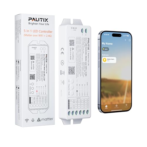 PAUTIX WiFi LED Controller for Single Color/CCT/RGB/RGBW/RGBCCT LED Strip Lights Compatible with Tuya APP/Smart Life/Alexa/Google Home/Siri,5IN1 DC12-48V Dimmable Controller Work with Matter
