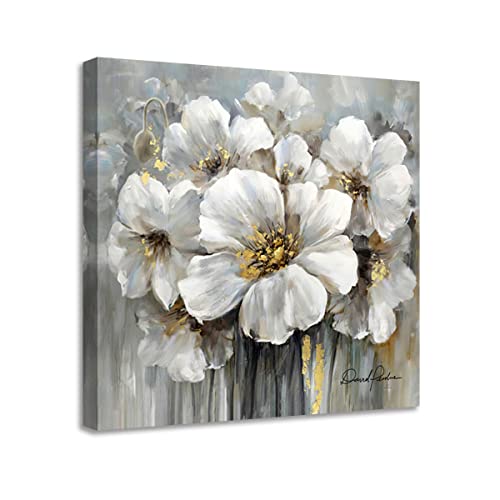Flowers Pictures Canvas Wall Art - White Floral With Gold For Bedroom Bathroom Decor Framed 12X12 #TOP13