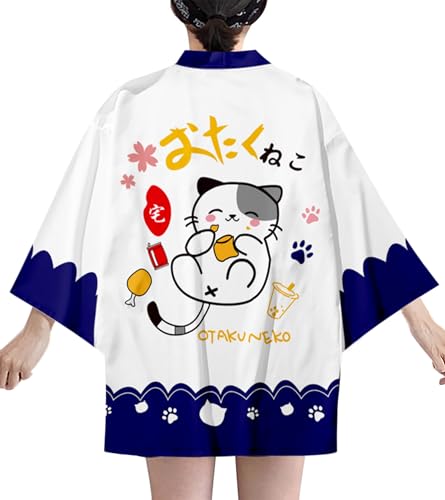 Image of LAI MENG FIVE CATS Women's Lucky Cat Cardigan Kimono Loose Cover up Casual Blouse Cute Tops