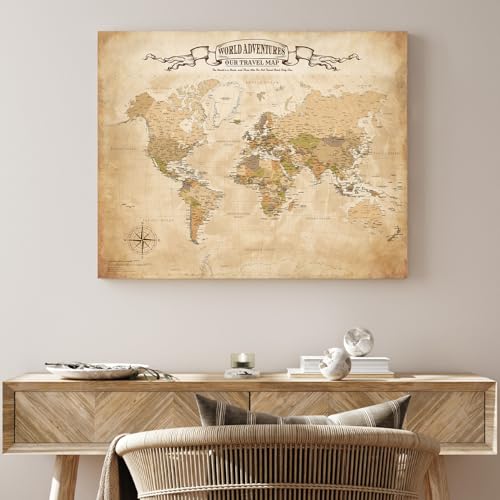 Image of DECORARTS - World Travel Map with Pins, Pin Board Canvas Wall Art, Antique Vintage Old World Maps for Wall, Giclee Print on Canvas, Handcrafted in USA, 20x16''