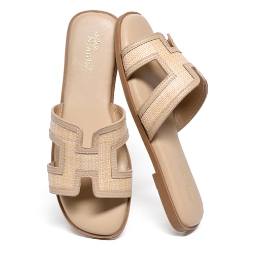 Image of NianEr Womens Microfiber Leather Memory Foam H Sandals Summer Shoes Slides | Flat, Comfortable, Slip On, Dressy, Dress, Beach, Vacation, Designer, Comfy, Casual, Bridal, Church, Boho, Office, Work