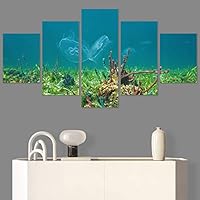 SIGNWIN 5 Panel Canvas Wall Art Modern Art Dramatic Fish Jellyfish Marine Life Multicolor Nautical Photography for Home Decorations Ready to Hang - 60