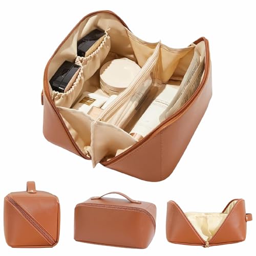 JD FRESH Wide Opening Leather Makeup Organizer Bag/Large Capacity Cosmetic Pouch with Partition & Carry Strap/Portable Toiletry & Vanity Bag for Women/Travel Makeup Bag (1Pc, Brown)