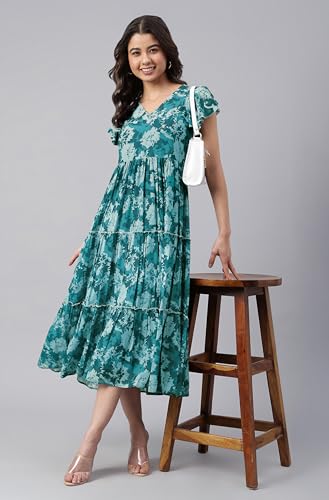 Image of Janasya Women's Georgette Printed Flared Western Dress