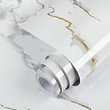 practicalWs Glossy Marble Wallpaper Peel and Stick White/Gold Granite Contact Paper Removable Wall Paper for Kitchen Countertop Cabinet Furniture 17.7' x 78.7'