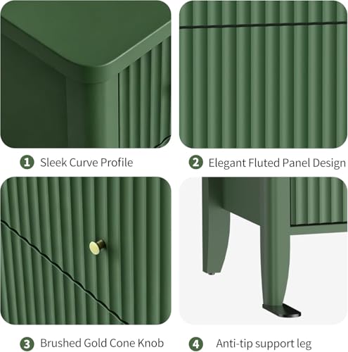 Image of Fatmok Fluted 3 Drawer Dresser for Bedroom Set of 3, 34 inch Wide Chest of Drawers, Modern Wood Nightstand End Table with Metal Handles, Striped Storage Cabinet for Living Room, Hallway,Green