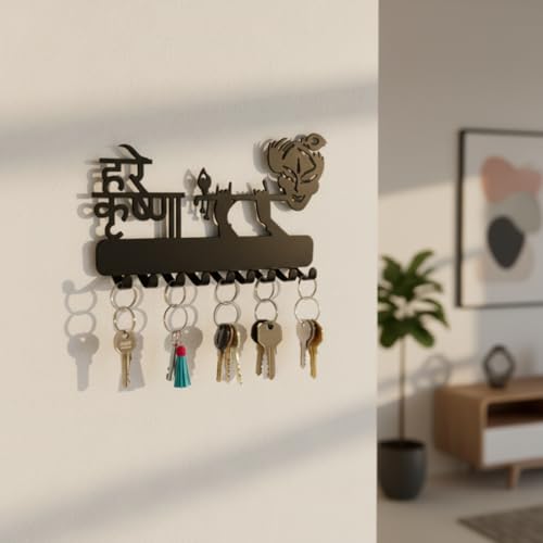 Image of Metal Lord Krishna with Flute Key Holder | Decorative Wall-Mounted Key Rack & Organizer for Entryway, Hallway, Kitchen | Sturdy Hanger for Keys & Accessories (26x16 cm, 9 Hooks)