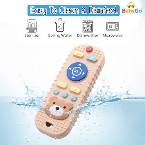 Image of BabyGo Remote Teether for Babies| Helps Biting Skills Development, Colour & Shape Recognition| Baby Remote Teething Toy for 3+ Months (6-12 Months) Safe Teething Toy for Babies & Toddlers (Brown)