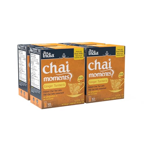 Tea India Chai Moments Ginger Turmeric Chai Tea Instant Latte Mix Flavorful Blend Of Premium Black Tea, Cardamom & Natural Ingredients Traditional Indian Tea Individually wrapped 10 Sachets Pack of 4