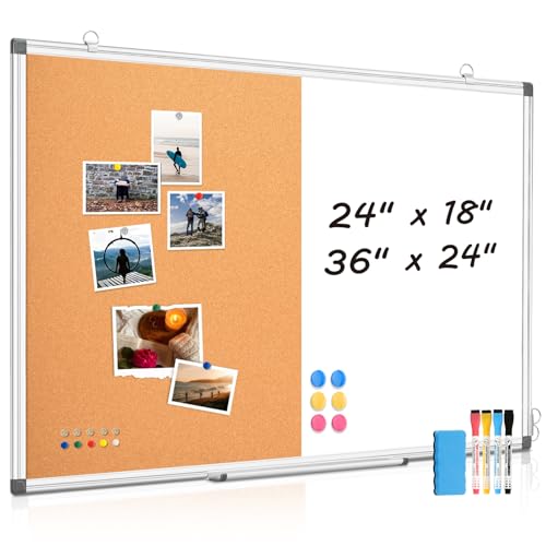 WALGLASS Combination Magnetic Whiteboard & Corkboard, 24'x18' Combo for School, Office & Home, Dry Erase Board with Removable Tray, Pins, Eraser, Markers & Magnets