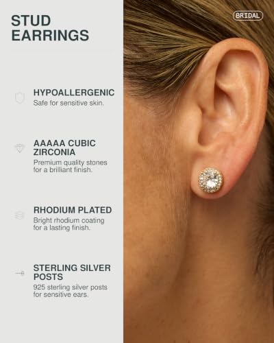 Image of PAVOI 14K Gold Plated 925 Sterling Silver Post Brilliant Round Faux Diamond Halo Earrings - Premium Cubic Zirconia