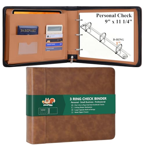 PinePiggy Zipper 3 Ring Personal Check Binder for 3-on-a-Page End-Stub Deskbook Fits 3 & 9-Hole Personal Checks PU Leather Checkbook Cover Built-in Storage Organizer 600 Checks Capacity Brown