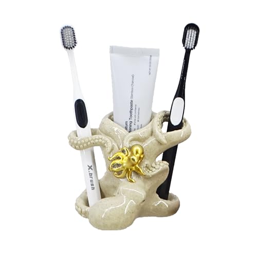 5-inch Gold Octopus Toothbrush Holder - Resin Bathroom Organizer with