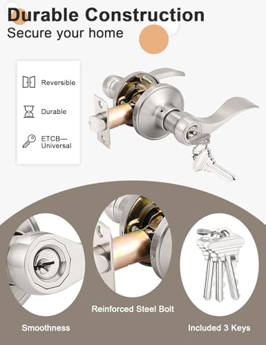 Image of Gobrico 5 Pack Keyed Entry Lever with Same Key, Satin Nickel Wave Door Handle Set, Exterior Door Knobs with Lock and Key