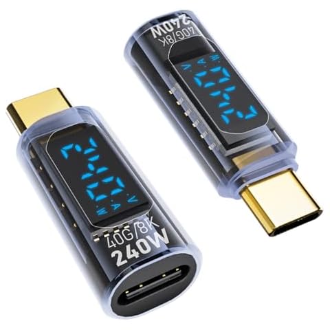 AreMe 240W USB C Adapter with LED Digital Display (2 Pack), USB-C Male to Female Connector for iPhone 16/15 Series, iPad Air/Pro, MacBook, Support Voltage, Current and Power Smart Display Cover
