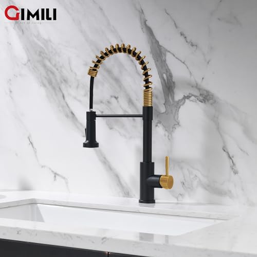 Image of GIMILI Black and Gold Kitchen Faucet with Pull Out Sprayer, Single Lever Spring Kitchen Faucet, Commercial Modern RV Faucet for Kitchen Sink, Matte Black and Brushed Gold