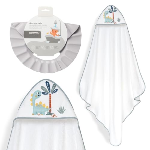 Interbaby - Capa de Baño Bebé + Gorro Ajustable | Toalla con Capucha 100% Algodón, Unisex | Suave, Secado Rápido | Ideal para Recién Nacidos, Bebes y Niños Pequeños | Diseño Dinosaurio Palmera