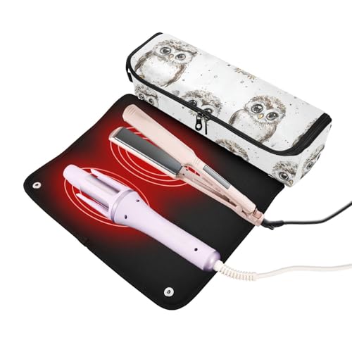 Funda de viaje 2 en 1 para rizador y plancha de pelo, con estera resistente al calor y cremallera, anti-polvo, blanca con diseño de búho miniatura 2