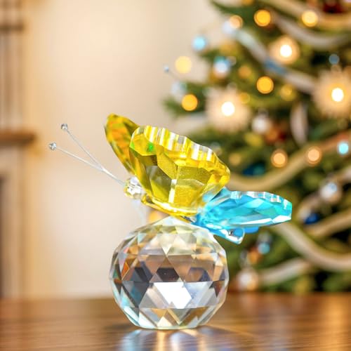 Image of Crystal Butterfly Figurines Yellow Cyan Blue Tabletop Decor Gift For Women | Yellow Cyan Blue Crystal Butterfly Figurines Collectible Paperweight for Table Desk Shelf Home Office Wedding Decor