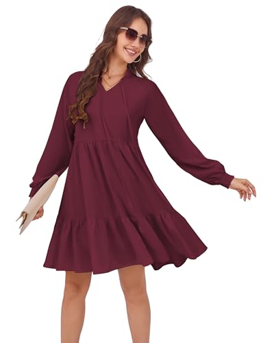 HUSKARY Baby Doll Dresses Women Fall Casual Tie V Neck Ruffle Tiered Tunic Dress Knee Length Cute Dresses with Pockets4
