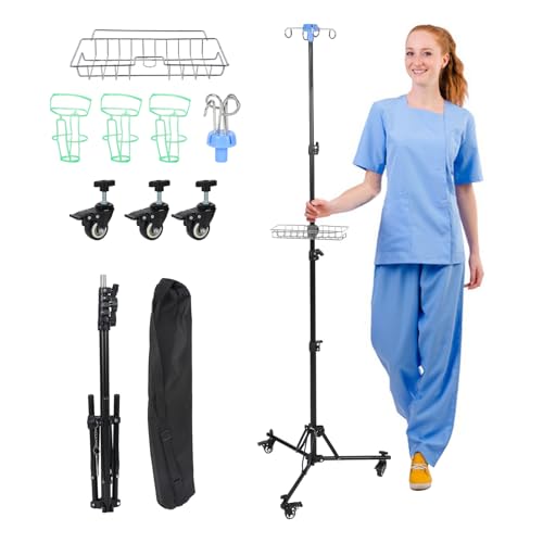 Infusionsständer mit Rollen und Ablagekorb, Faltbar Höhenverstellbar IV-Ständer mit 4 Haken und 3 Rädern, Tragbarer Infusionsständer für Krankenhaus, Hauspflege und Unterwegs (mit Ablagekorb)