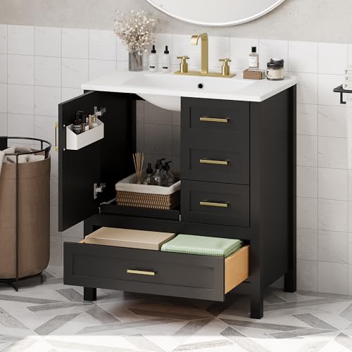 HiHomely 30 Inches Black Bathroom Vanity with Sink Combo Set, Solid Wood Frame, 3 Drawers & Soft-Close Door, Removable Tray – Modern Storage Cabinet for Bathrooms (3 Drawers + 1 Doors)