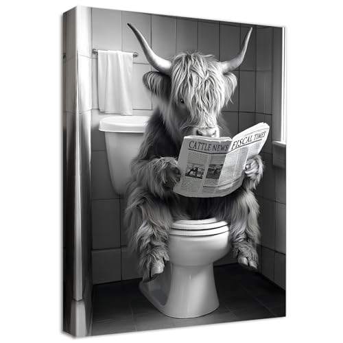 Cadre en Bois Impression sur Toile Salle de Bain Bovins Tableau Affiche Decoration Murale Image sur Toile Vache des Highlands lisant le Journal dans les Toilettes...