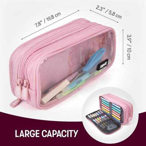 Image of ZIPIT Half & Half Pencil Case for Girls, Aesthetic 3 Compartment Zipper Pouch for School, Stationery Bag for Teen and Adults, Pink