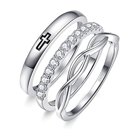 Bonlavie 3 Pcs 925 Sterling Silver Stacking Ring Set for Women Cubic Zirconia Engagement Wedding Ring Sets Eternity Wedding Bands Size T 1/2 Cover