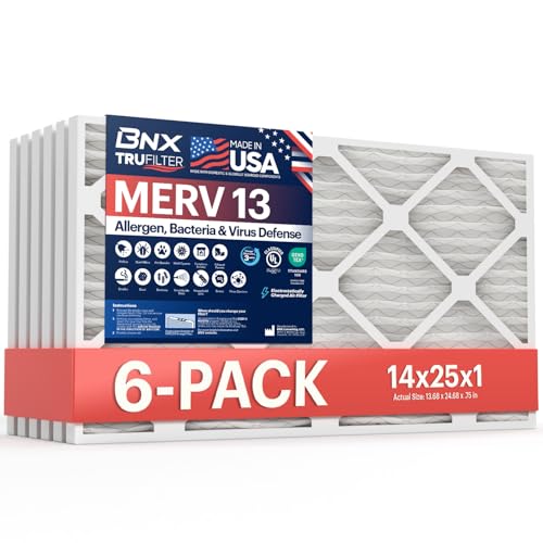 BNX TruFilter 14x25x1 Air Filter MERV 13 (6-Pack) - MADE IN USA - Electrostatic Pleated Air Conditioner HVAC AC Furnace Filters for Allergies, Pollen, Mold, Bacteria, Smoke, Allergen, MPR 1900 FPR 10