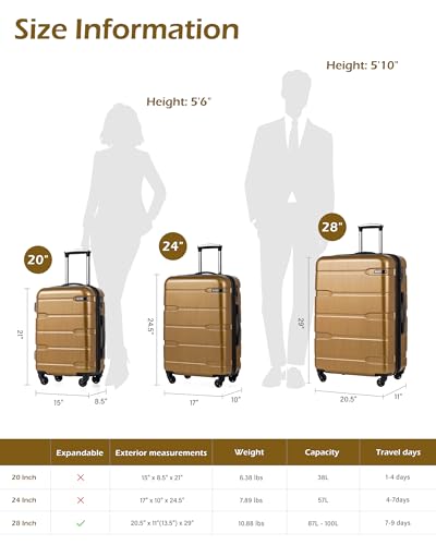 Image of Coolife Lugagge PC+ABS Hardshell Suitcase with TSA lock, Spinner Lightweight Carry on, Black Brown, Large (28 in Expandable)