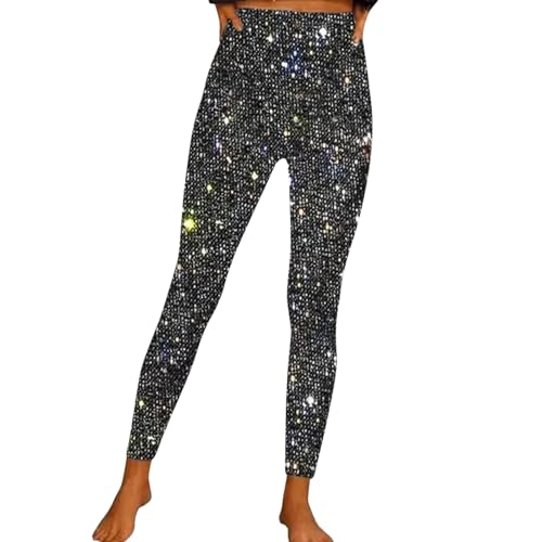 kosopse Damen Lang Hose Glitzer Pailletten Elastische Taille High Waist Leggings Strecken Schlank Stylische Hosen Freizeithose Damen Hippie Hose Pilates Fitness Yogahose (Black #1, XL)